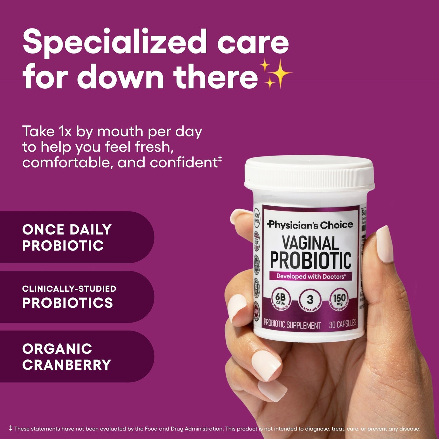 Vaginal Probiotics for Women - pH Balance, Odor Control, Yeast Balance, Vaginal Flora & Feminine Health - 6B CFU with Organic Prebiotics and Cranberry Extract - 30 CT