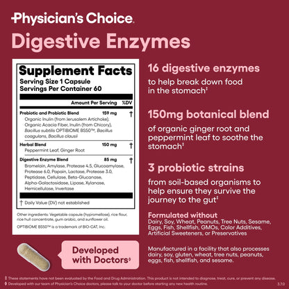 Digestive Enzymes for Bloating & Digestion - Fast-Acting 16 Enzyme Formula with Organic Prebiotics & Probiotics for Gut & Digestive Health - Meal Time Discomfort Relief - 60 CT
