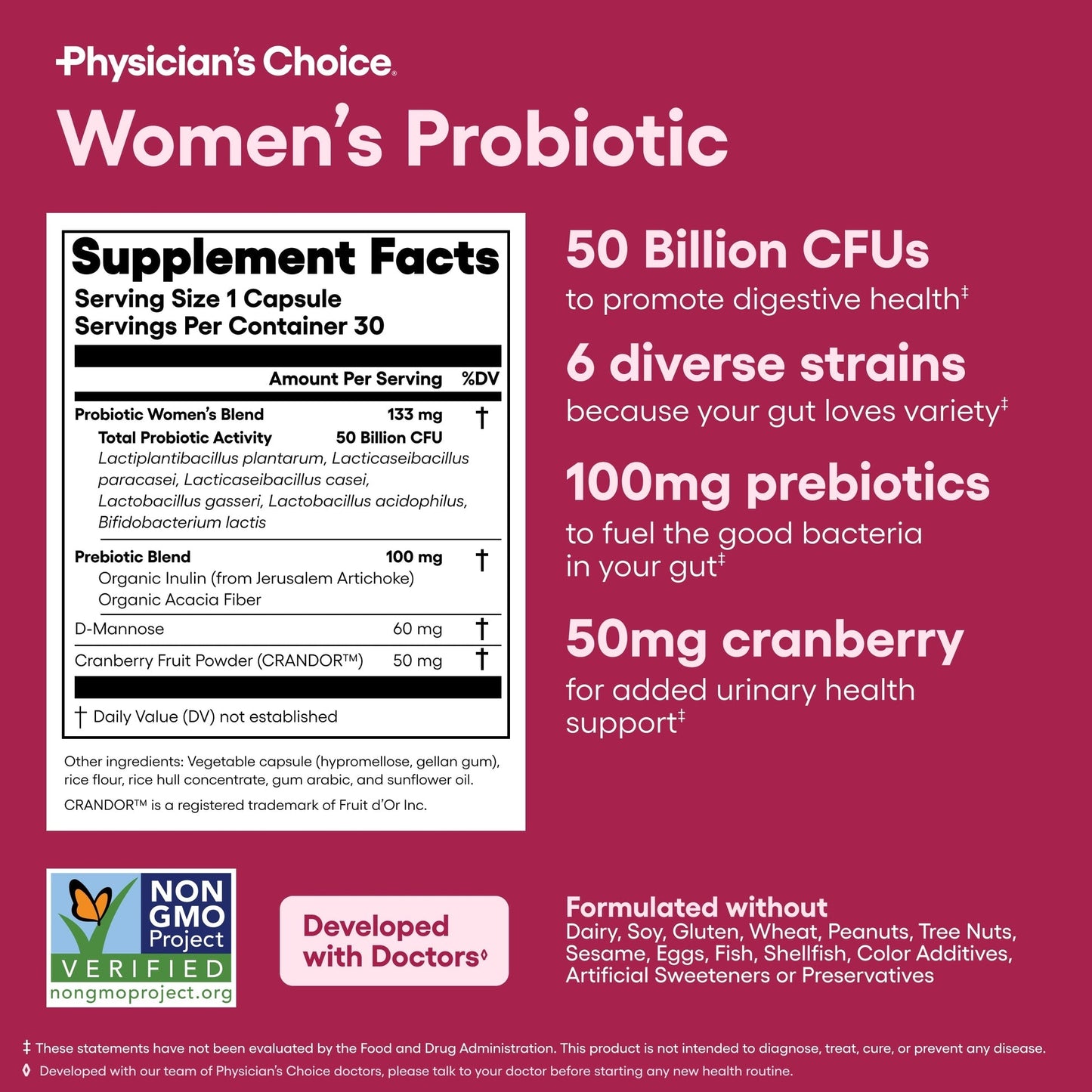 Probiotics - PH Balance, Digestive, UT, & Feminine Health - 50 Billion CFU - 6 Unique Strains for Women - Organic Prebiotics, Cranberry Extract+ - Probiotic - 60 CT