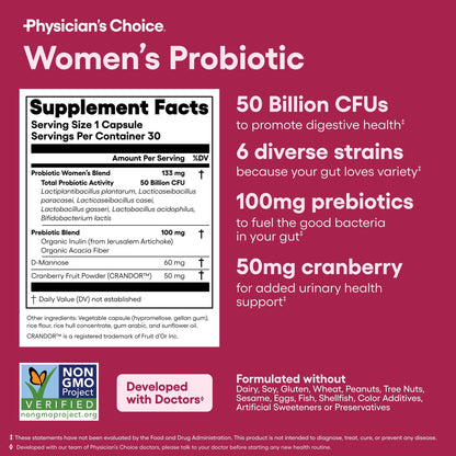 Probiotics - PH Balance, Digestive, UT, & Feminine Health - 50 Billion CFU - 6 Unique Strains for Women - Organic Prebiotics, Cranberry Extract+ - Probiotic - 60 CT