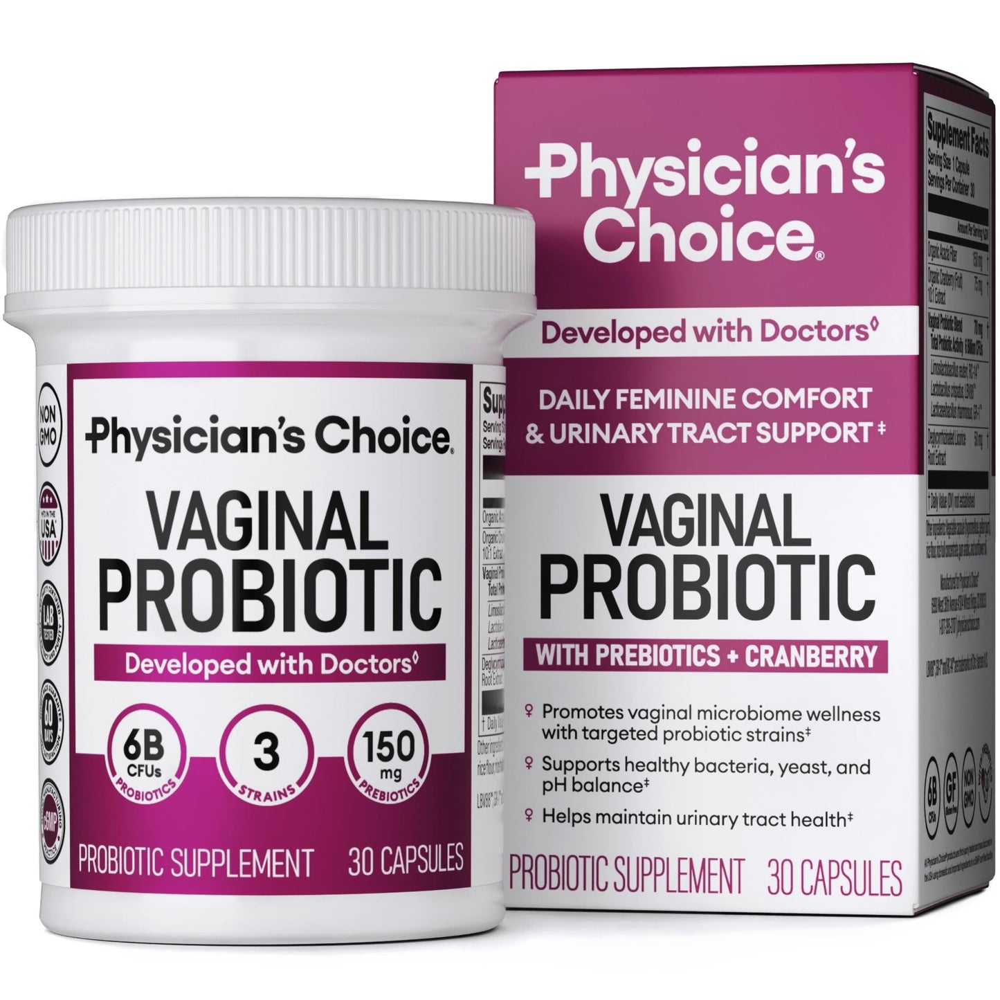 Vaginal Probiotics for Women - pH Balance, Odor Control, Yeast Balance, Vaginal Flora & Feminine Health - 6B CFU with Organic Prebiotics and Cranberry Extract - 30 CT