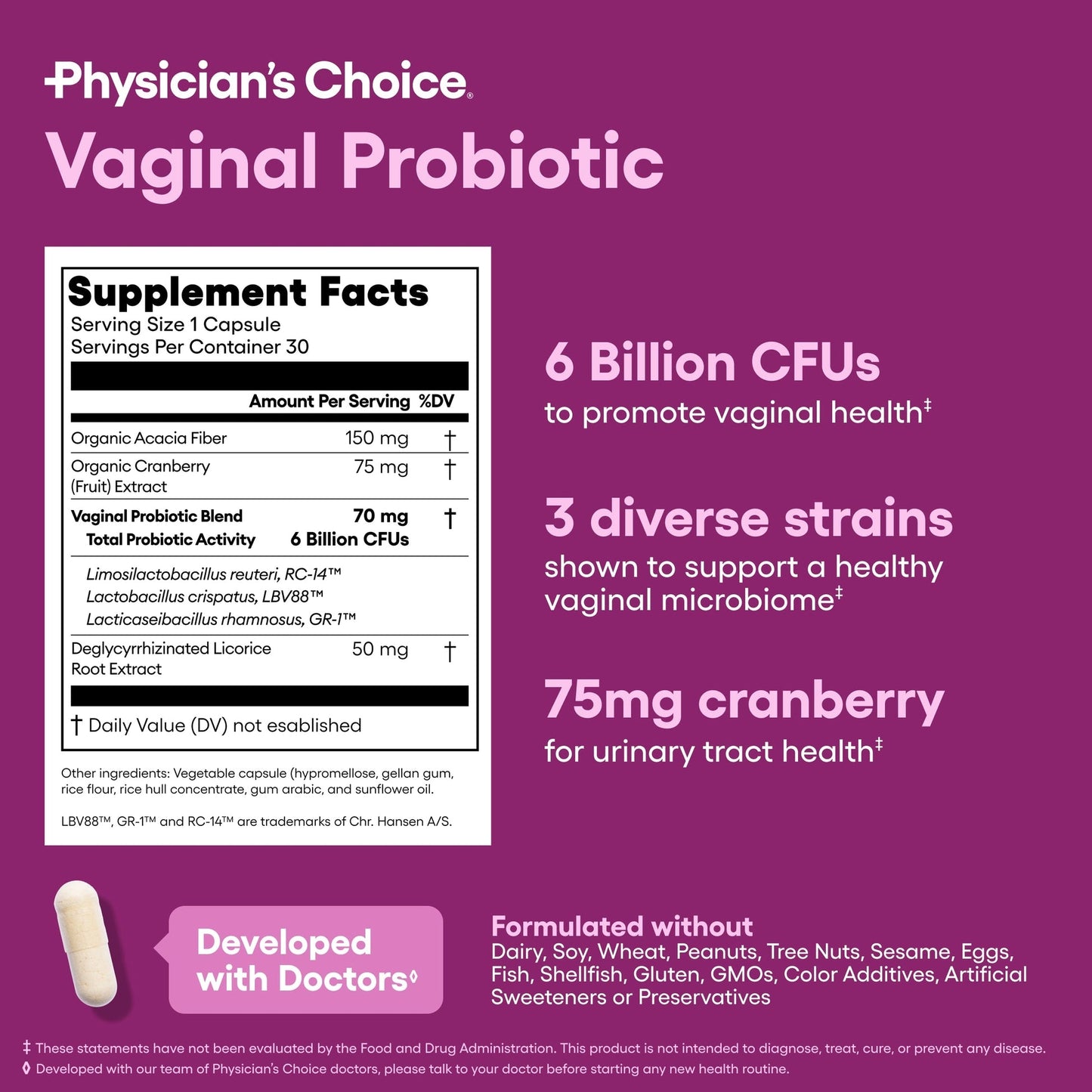 Vaginal Probiotics for Women - pH Balance, Odor Control, Yeast Balance, Vaginal Flora & Feminine Health - 6B CFU with Organic Prebiotics and Cranberry Extract - 30 CT
