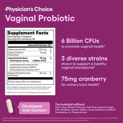 Vaginal Probiotics for Women - pH Balance, Odor Control, Yeast Balance, Vaginal Flora & Feminine Health - 6B CFU with Organic Prebiotics and Cranberry Extract - 30 CT